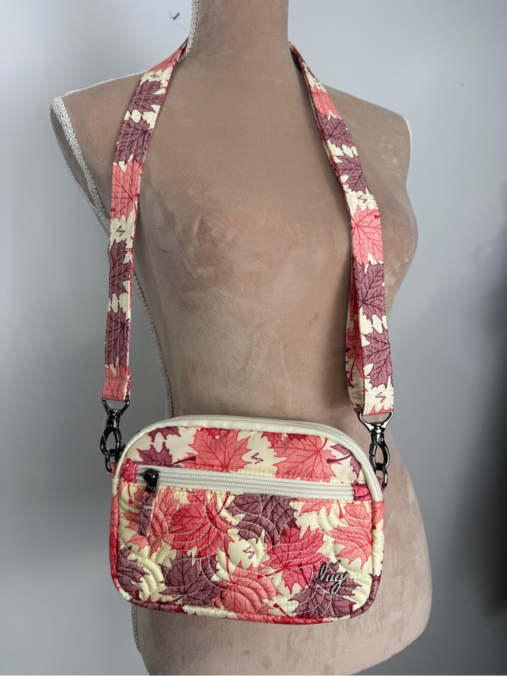 lug Quilted Crossbody in Coral, Cream and Pink Leaf Print